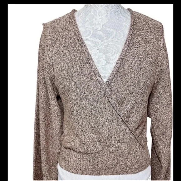 FREE PEOPLE Sweater GOING FOR THE GOLD Rose Pink & Glitter Gold Faux Wrap SZ XS - Picture 2 of 15